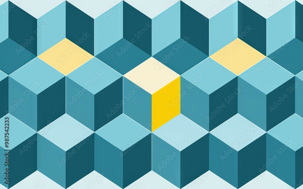 Yellow cube pattern. Abstract geometric background with a yellow cube pattern on a teal blue background. The yellow cube stands out in the repeating pattern. Yellow cube pattern. Abstract geometric background with a yellow cube pattern on a teal blue background. The yellow cube stands out in the repeating pattern.