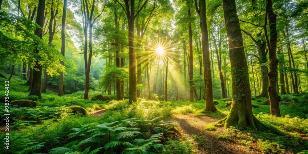 Obraz premium Lush forest greenery bathed in sunlight creates a tranquil, serene environment perfect for relaxation and rejuvenation, inviting you to unwind amidst nature's beauty.