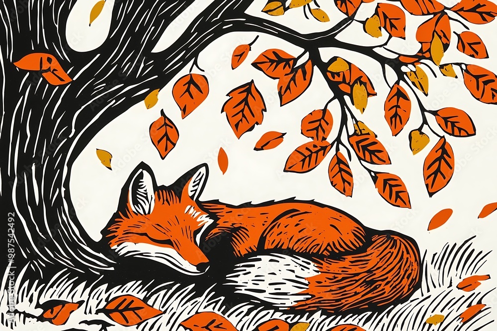 Naklejka premium Tranquil Autumn Scene: Foxy Linocut Resting Under Tree with Falling Leaves