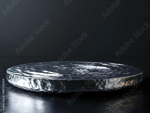 A shiny, silver plate placed on a dark surface, perfect for showcasing culinary delights. photo