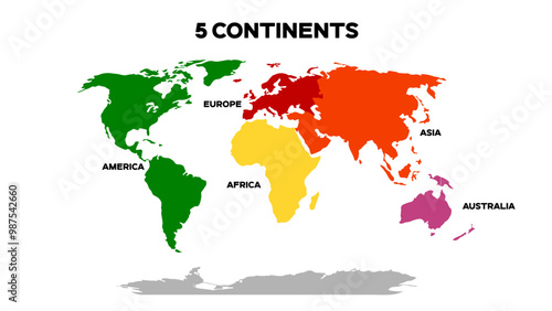 World Map Divided into 5 Continents. International World Map with continents represented with different colors. Editable EPS file.