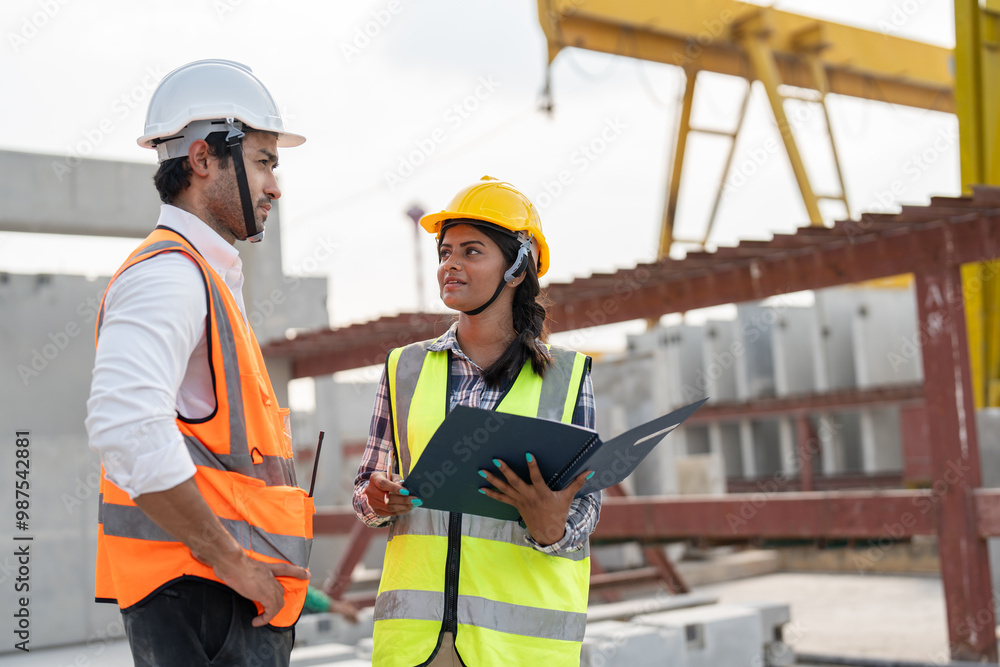Asian male and female civil engineers wearing vest and helmet safety discussing on document at factory making precast concrete wall in construction site. Asian male and female civil engineers wearing vest and helmet safety discussing on document at factory making precast concrete wall in construction site.