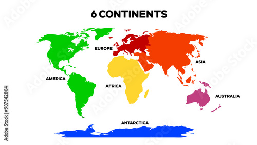 World Map Divided into 6 Continents. International World Map with continents represented with different colors. Editable EPS file.