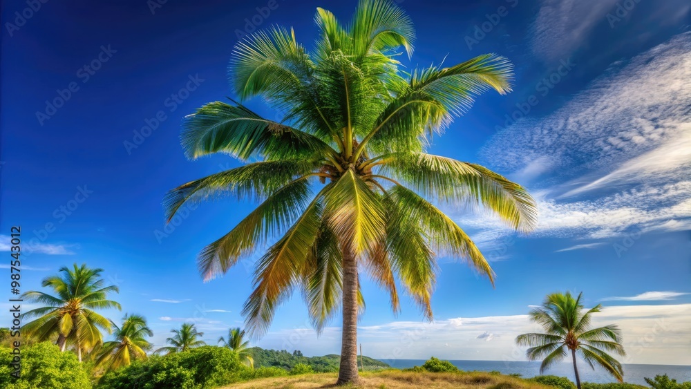 Lush Madagascar palm tree rises majestically against a vibrant blue sky, surrounded by a serene tropical landscape that captures the essence of paradise. Lush Madagascar palm tree rises majestically against a vibrant blue sky, surrounded by a serene tropical landscape that captures the essence of paradise.