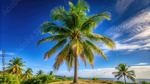 Lush Madagascar palm tree rises majestically against a vibrant blue sky, surrounded by a serene tropical landscape that captures the essence of paradise.