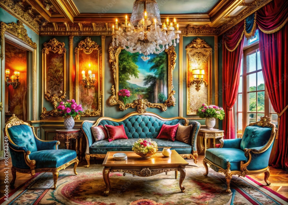 Obraz premium Luxurious fabrics, ornate designs, and rich color palettes define this elegant, modern royalty-inspired decor, creating an atmosphere of opulence and sophistication throughout the space.