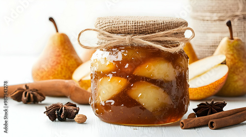 Fototapeta Naklejka Na Ścianę i Meble -  A jar of homemade pear jam with spices, surrounded by fresh pears and cinnamon sticks on a white background.