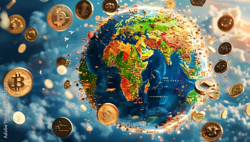 Naklejka premium A creative visualization of different global currencies floating around the earth, representing international investments