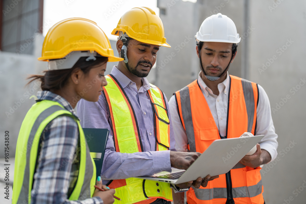 Team of construction engineers wearing vest and helmet safety discussing project at construction site. Group Indian foreman with laptop, paperwork working at factory making precast concrete wall. Team of construction engineers wearing vest and helmet safety discussing project at construction site. Group Indian foreman with laptop, paperwork working at factory making precast concrete wall.
