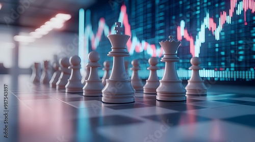 Chess pieces strategically poised on a board, symbolizing business strategy and competition in a corporate environment. photo