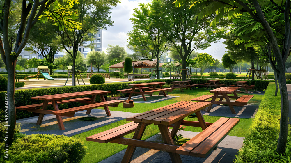 Serene Park with Picnic Tables and Lush Greenery Serene Park with Picnic Tables and Lush Greenery