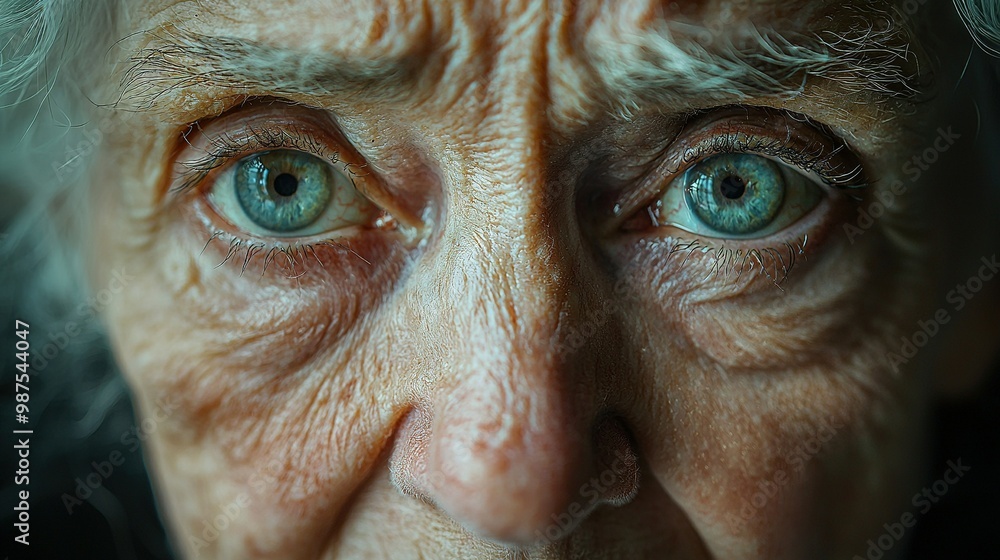 A close-up photo of an elderly lady's face, showing the fine lines and blue eyes A close-up photo of an elderly lady's face, showing the fine lines and blue eyes