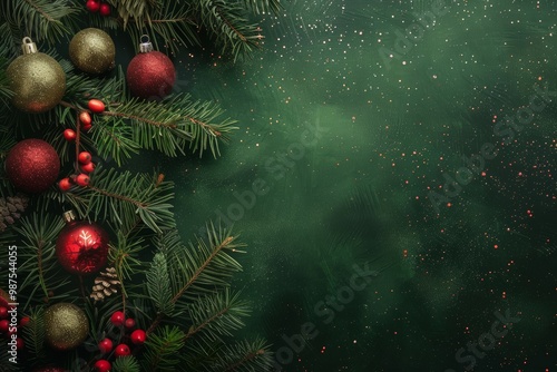 Festive christmas ornaments on evergreen branches