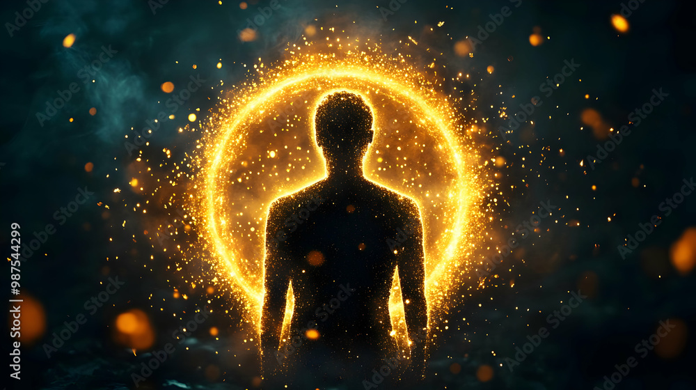 Silhouette of a human figure surrounded by a glowing, golden aura in a mystical atmosphere. Silhouette of a human figure surrounded by a glowing, golden aura in a mystical atmosphere.