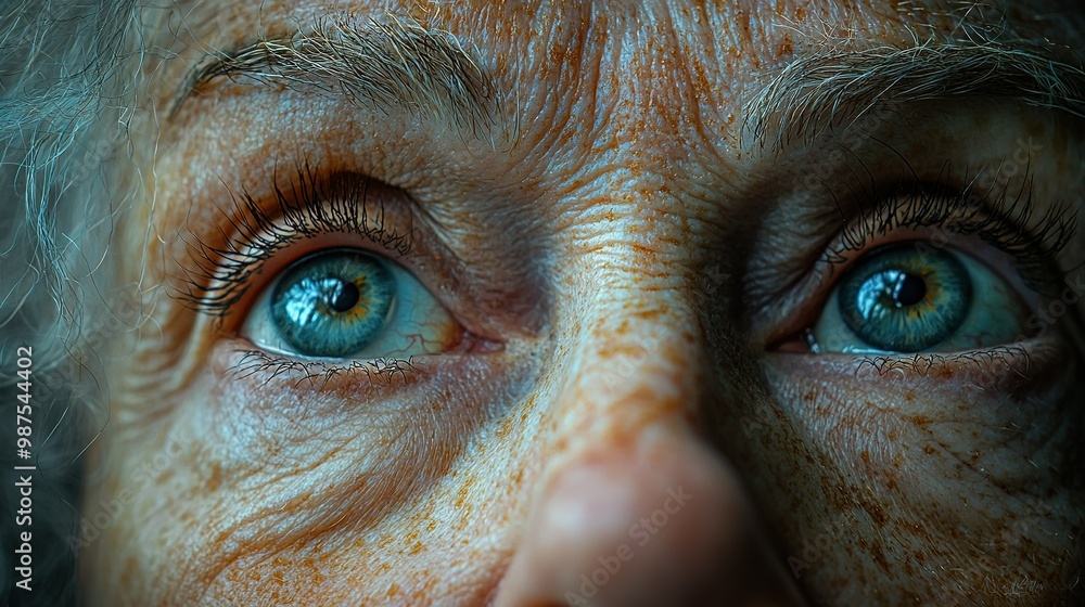 Freckles on a woman's face in close-up, emphasizing her beauty Freckles on a woman's face in close-up, emphasizing her beauty