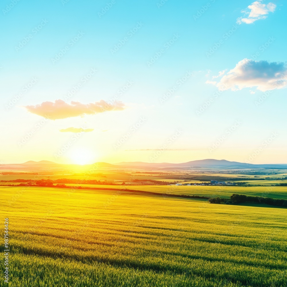 Obraz premium Capturing nature's beauty through a smartphone in a serene green landscape at sunset