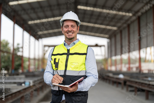 Fotografía Portrait of male civil engineer wearing safety vest with white helmet standing and working at factory making precast concrete wall for real estate housing