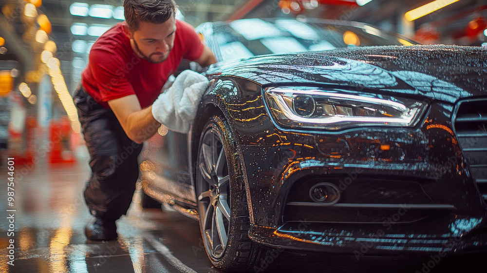 Obraz premium A man cleans the wheel of a shiny black car with a microfiber cloth in a well-lit garage