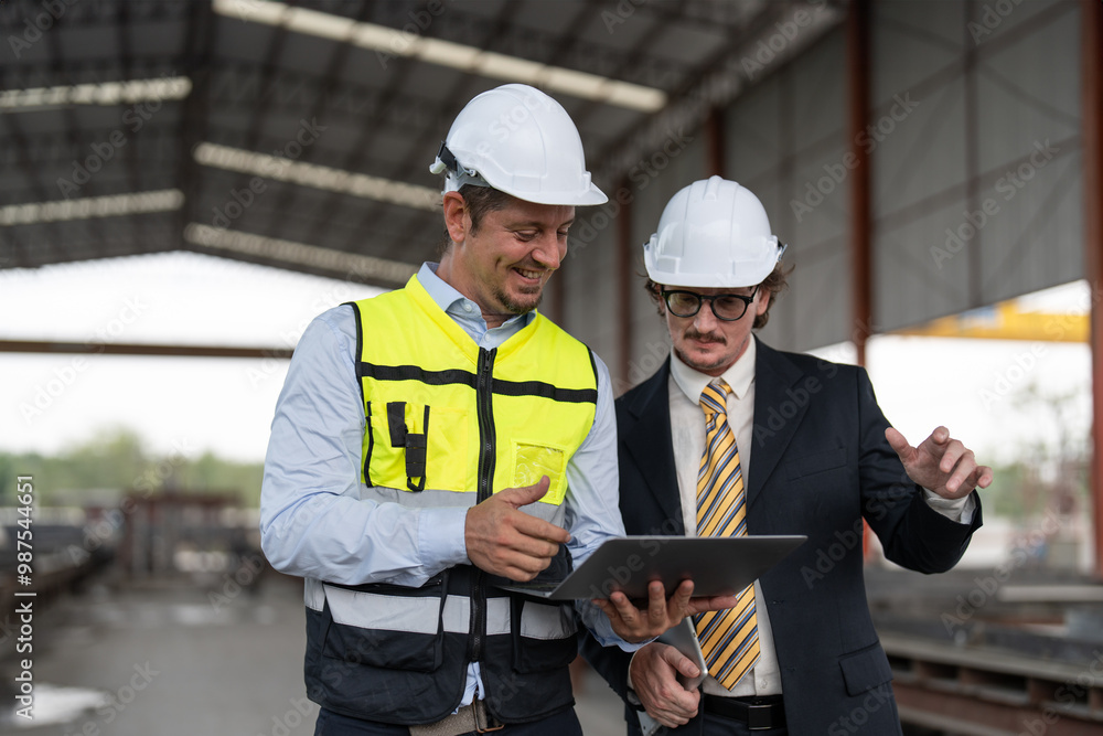 © Supachai - Businessman and male engineer walking and discussing the project making precast concrete wall at construction site. © Supachai - Businessman and male engineer walking and discussing the project making precast concrete wall at construction site.