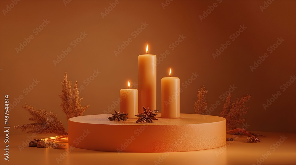 A serene scene featuring three lit candles on a round base, with warm tones and decorative elements, creating a peaceful ambiance. A serene scene featuring three lit candles on a round base, with warm tones and decorative elements, creating a peaceful ambiance.