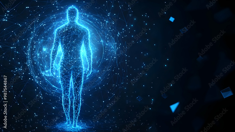 Abstract representation of a human figure made from glowing particles, showcasing technology and digital art. Abstract representation of a human figure made from glowing particles, showcasing technology and digital art.