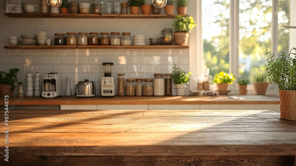 Sunny Kitchen Countertop with Wooden Surface and Blurred Background Sunny Kitchen Countertop with Wooden Surface and Blurred Background