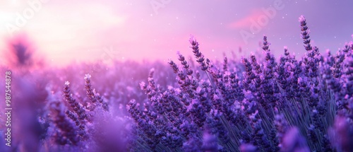 Lush field of lavender flowers with a soft purple sky