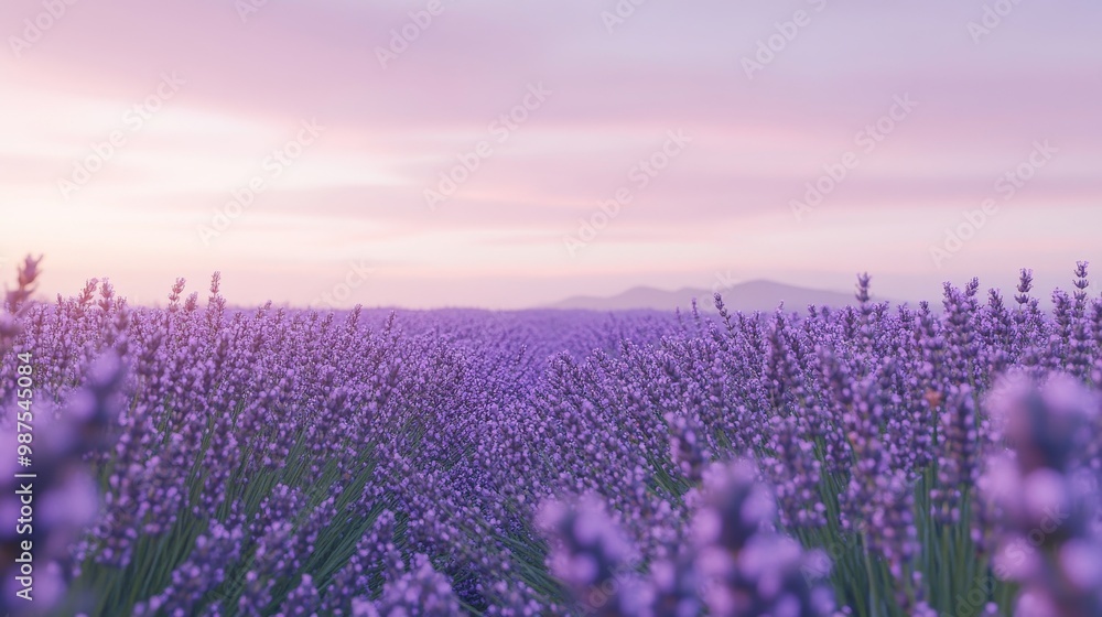 Naklejka premium Lush field of lavender flowers with a soft purple sky
