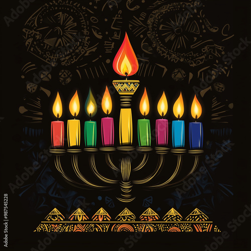 Vector illustration of a Kwanzaa background with a colorful menorah, candles, and African patterns