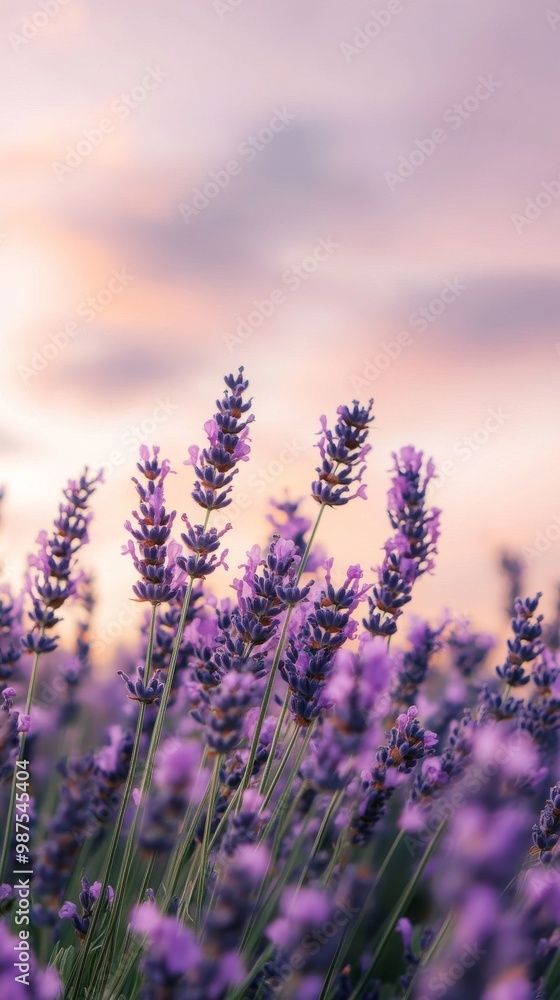 Naklejka premium Lush field of lavender flowers with a soft purple sky