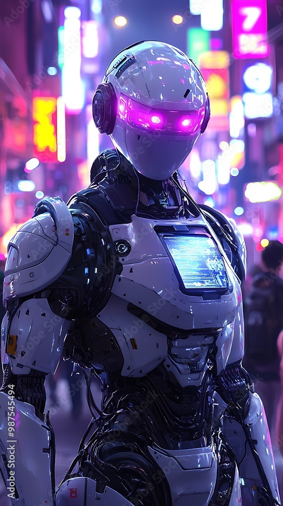 Futuristic Robot in Silver Armor on Neon-Lit Street with Holographic Interface - Digital Art Style with High Detail Futuristic Robot in Silver Armor on Neon-Lit Street with Holographic Interface - Digital Art Style with High Detail