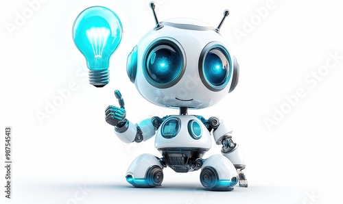 A 3D illustration of a robot with a lightbulb shows a new idea