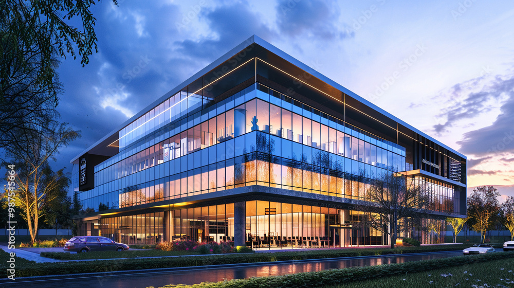 A modern office building with solar glass windows, representing innovation in energy-saving architecture. A modern office building with solar glass windows, representing innovation in energy-saving architecture.