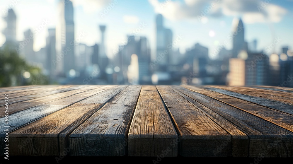 Wooden Tabletop with a Blurred City Skyline in the Background Wooden Tabletop with a Blurred City Skyline in the Background
