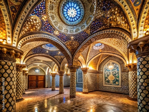 Ornate underground chamber adorned with intricate shell mosaics and shimmering with soft light