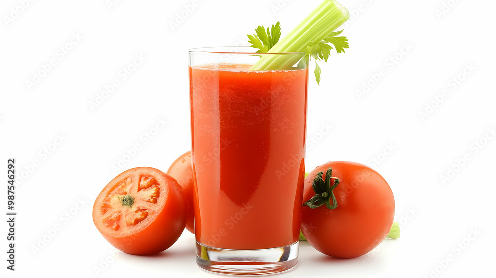 Fresh tomato juice garnished with celery, surrounded by ripe tomatoes, on a white background. Fresh tomato juice garnished with celery, surrounded by ripe tomatoes, on a white background.