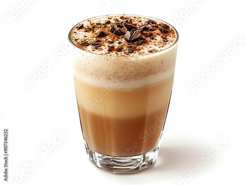 Delicious layered coffee drink topped with whipped cream and chocolate shavings, served in a clear glass.