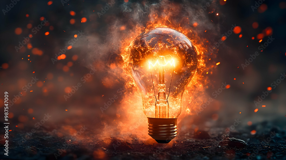 A glowing light bulb surrounded by flames and smoke, symbolizing energy and innovation. A glowing light bulb surrounded by flames and smoke, symbolizing energy and innovation.