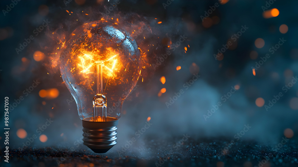 A glowing light bulb with an explosive appearance, surrounded by smoke and spark effects, symbolizing innovation and energy.