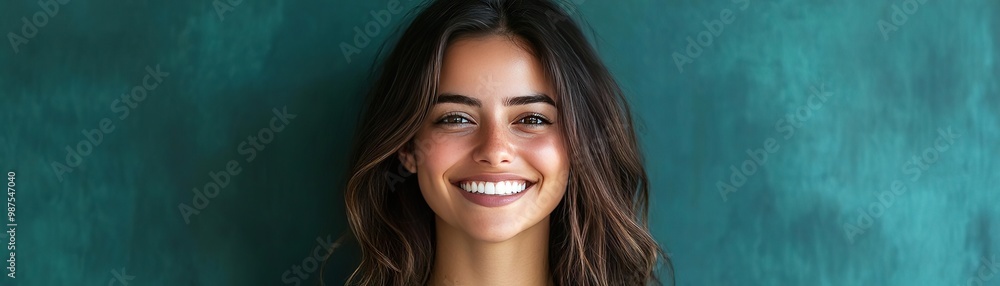 Cheerful woman smiling against a vibrant green backdrop, radiating positivity and confidence in a bright, engaging portrait. Cheerful woman smiling against a vibrant green backdrop, radiating positivity and confidence in a bright, engaging portrait.
