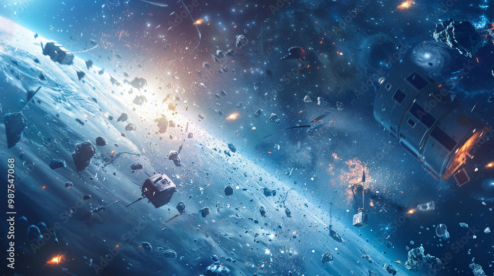 Obraz premium A satellite breaking apart after colliding with space debris, symbolizing the dangers of unmonitored objects in orbit.