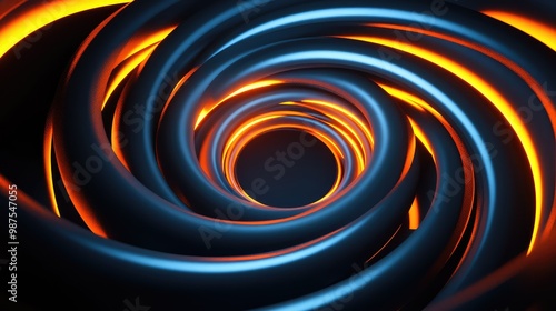 A glowing 3D spiral made of interconnected metallic rings, slowly rotating in an empty, dark space.