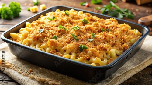 Rich and creamy macaroni and cheese baked in a pan with a crunchy breadcrumb topping, perfect for a comforting side dish or main course.