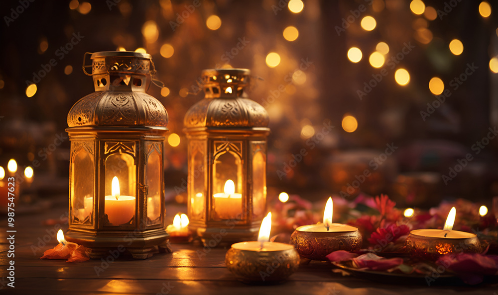 Glittering candles and lanterns on Diwali, symbolizing the victory of goodness Glittering candles and lanterns on Diwali, symbolizing the victory of goodness