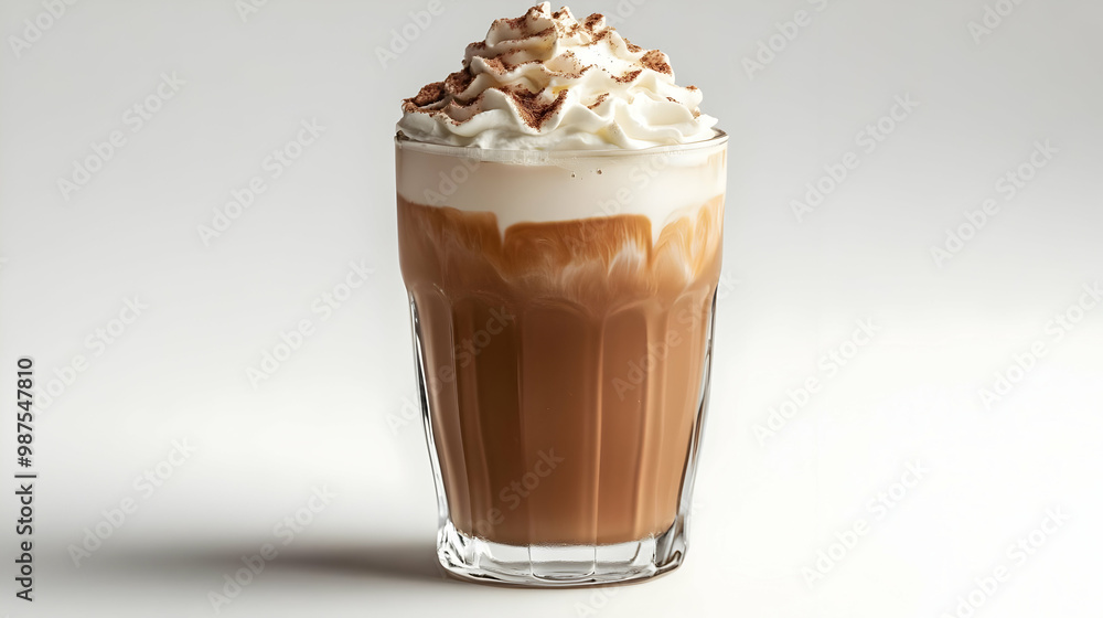 Delicious iced coffee topped with whipped cream and chocolate drizzle, served in a clear glass against a white isolated background. Delicious iced coffee topped with whipped cream and chocolate drizzle, served in a clear glass against a white isolated background.