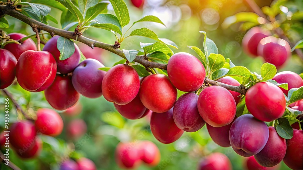 Ripe, juicy red plums dangle from the tree branch's limbs, surrounded by a soft-focus haze of foliage, their vibrant colors standing out. Ripe, juicy red plums dangle from the tree branch's limbs, surrounded by a soft-focus haze of foliage, their vibrant colors standing out.