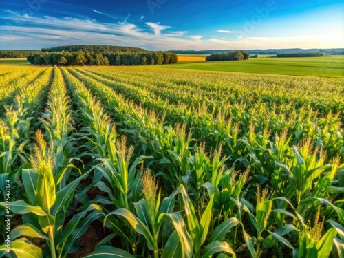 Ripe wild corn sways gently in the breeze, a golden sea stretching across the sun-drenched grassy field under the bright blue summer sky.