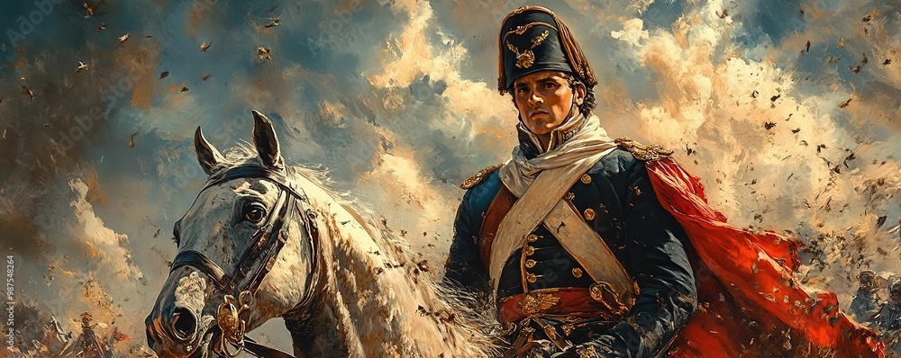 Naklejka premium Heroic soldier on horseback amidst a battlefield, wearing a traditional military uniform and exuding strength and bravery.
