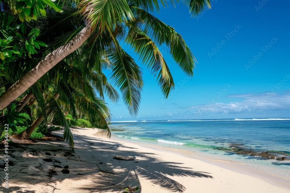 Obraz premium A tropical beach with palm trees, highlights a summer paradise, with copy space