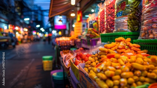 Market stalls on Yaowarat Thailand night market road night scene space for copy. professional color grading with copy space